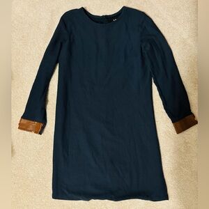 APC Paris Navy Long Sleeve Dress with Brown Leather Cuff Detail - XS